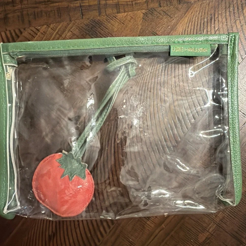Luxe + willow Clear Green Trim makeup bag With Red Tomato Charm Zipper